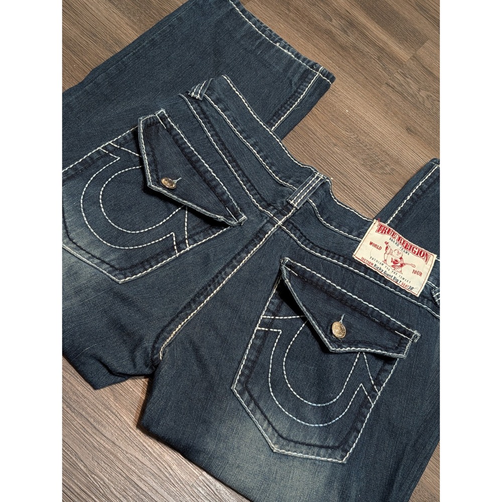 True Religion Ricky Giant Big T Jeans Mens 38 Straight Leg Dark Wash Big Stitch